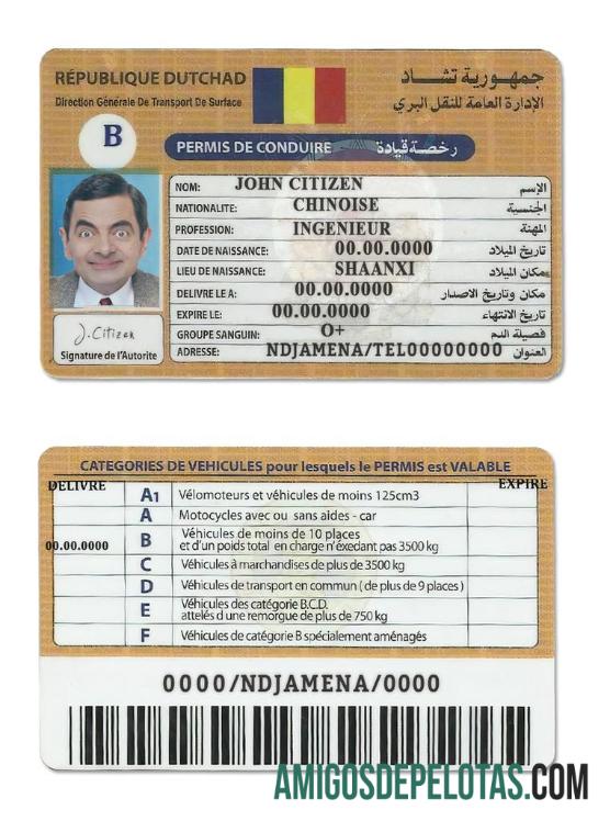 Carteira de motorista do Chade (República do Chade) exemplo real